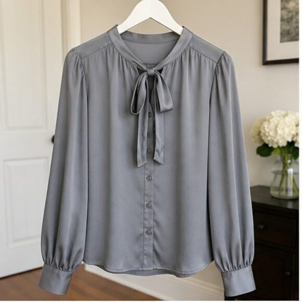 Gray Tie Neck Blouse